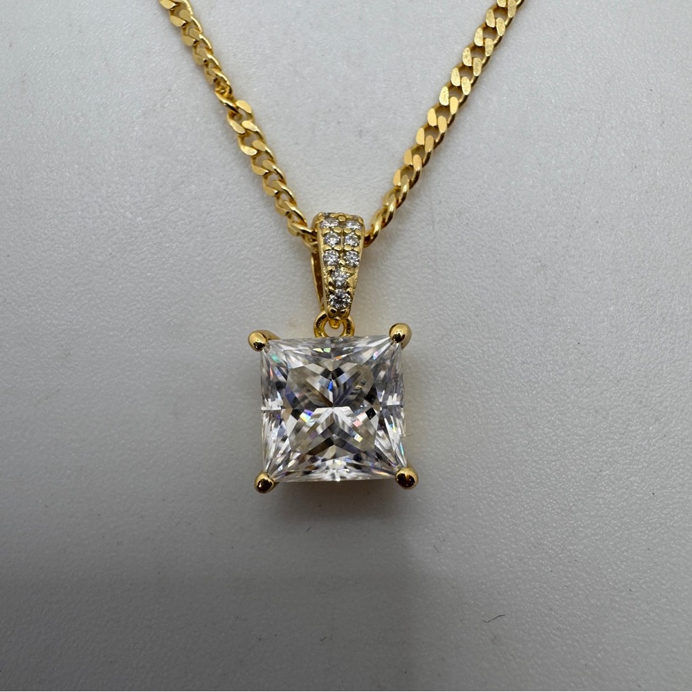 3ct Moissanite Pendant Necklace‎ Gold Tone Sterling Silver .925 Princess Square